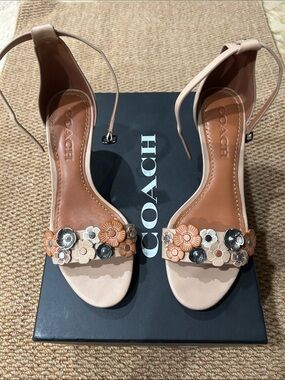 Coach Beige Leather Floral-Appliqué Ankle-Strap Heels